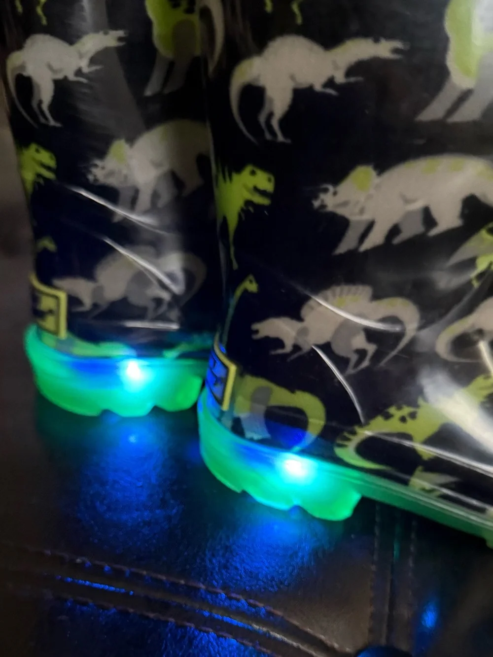 Western Chief Black and Neon Green Kids Dinosaur Rain Boots